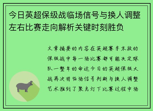 今日英超保级战临场信号与换人调整左右比赛走向解析关键时刻胜负