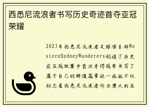西悉尼流浪者书写历史奇迹首夺亚冠荣耀 西悉尼流浪者书写历史奇迹首夺亚冠荣耀