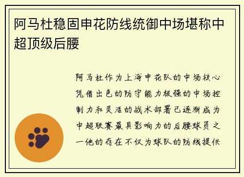 阿马杜稳固申花防线统御中场堪称中超顶级后腰 阿马杜稳固申花防线统御中场堪称中超顶级后腰