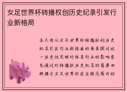 女足世界杯转播权创历史纪录引发行业新格局